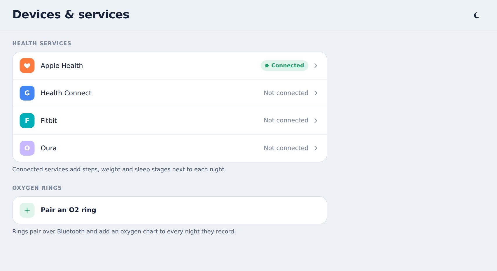 Devices page listing health services and O2 rings