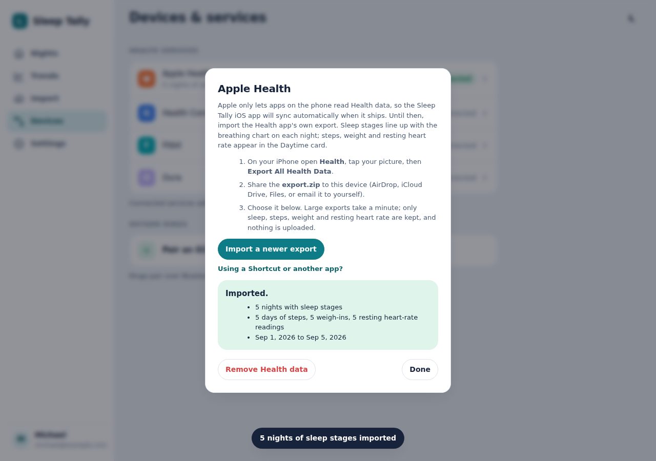 Apple Health import dialog