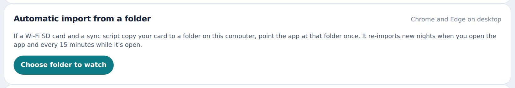 Automatic import card showing the watched folder and last result