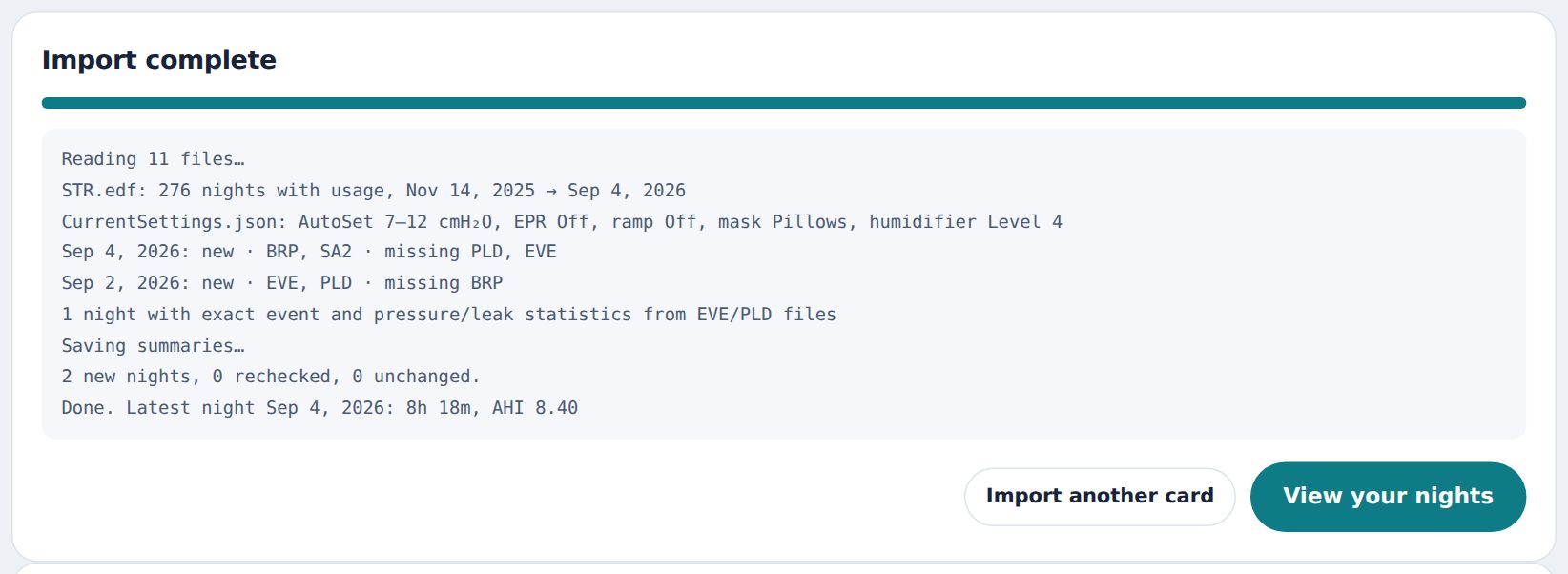 Import log listing nights read and statistics computed