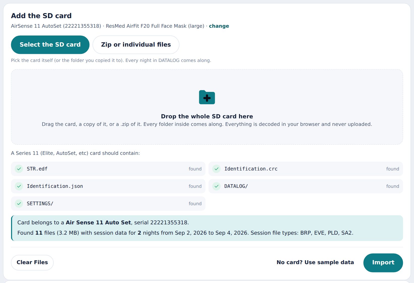 Import screen with every required file found and the machine identified automatically